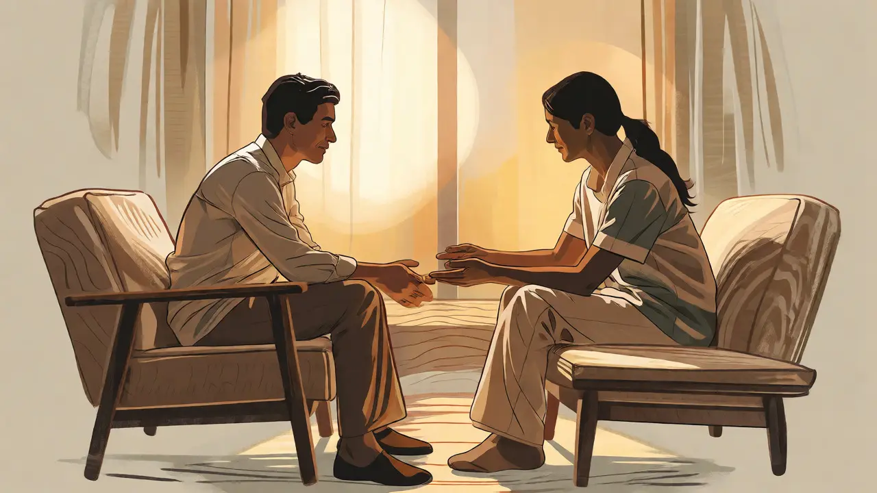 Ilustrace ve stylu dřevorytu znázorňující navázanou důvěru mezi klientem a terapeutem.