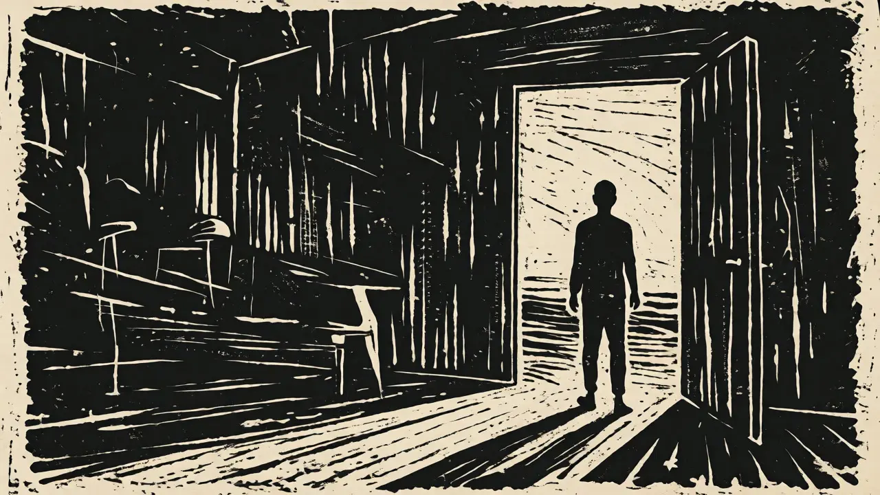 Umělecká ilustrace postavy vycházející z terapie do světla