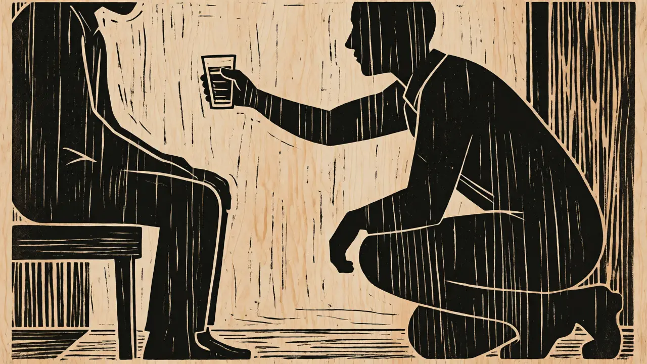 Woodcut drawing showing a crisis intervener offering water and support to a distressed person.